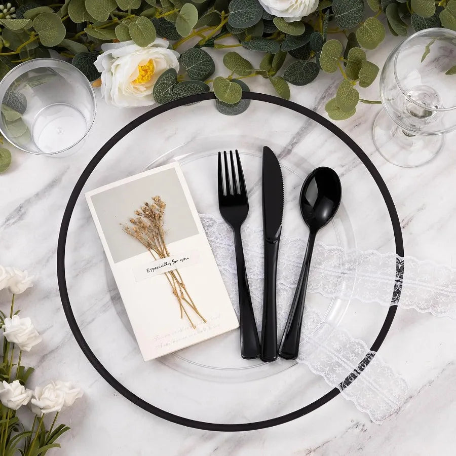 12 Inch Black Charger Plates 50 Pack Clear Charger Plates with Black Trim Disposable Plastic Dinnerware Wedding Party