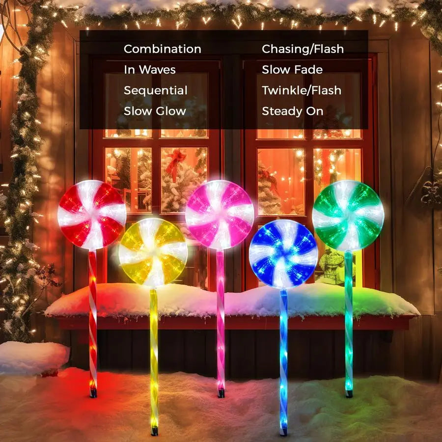 Christmas Decorations Solar Pathway Lights, Set of 5 Lollipops Peppermint Stake Lights, 8 Modes Candy Cane Walkside Lights, Outd