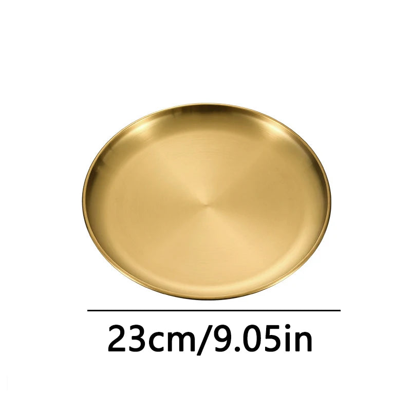 Kitchen Utensils With Shelves Gold Silver Stainless Steel Circular Plates Trays Shallow Bottom Rust Proof Plates Picnic Plate