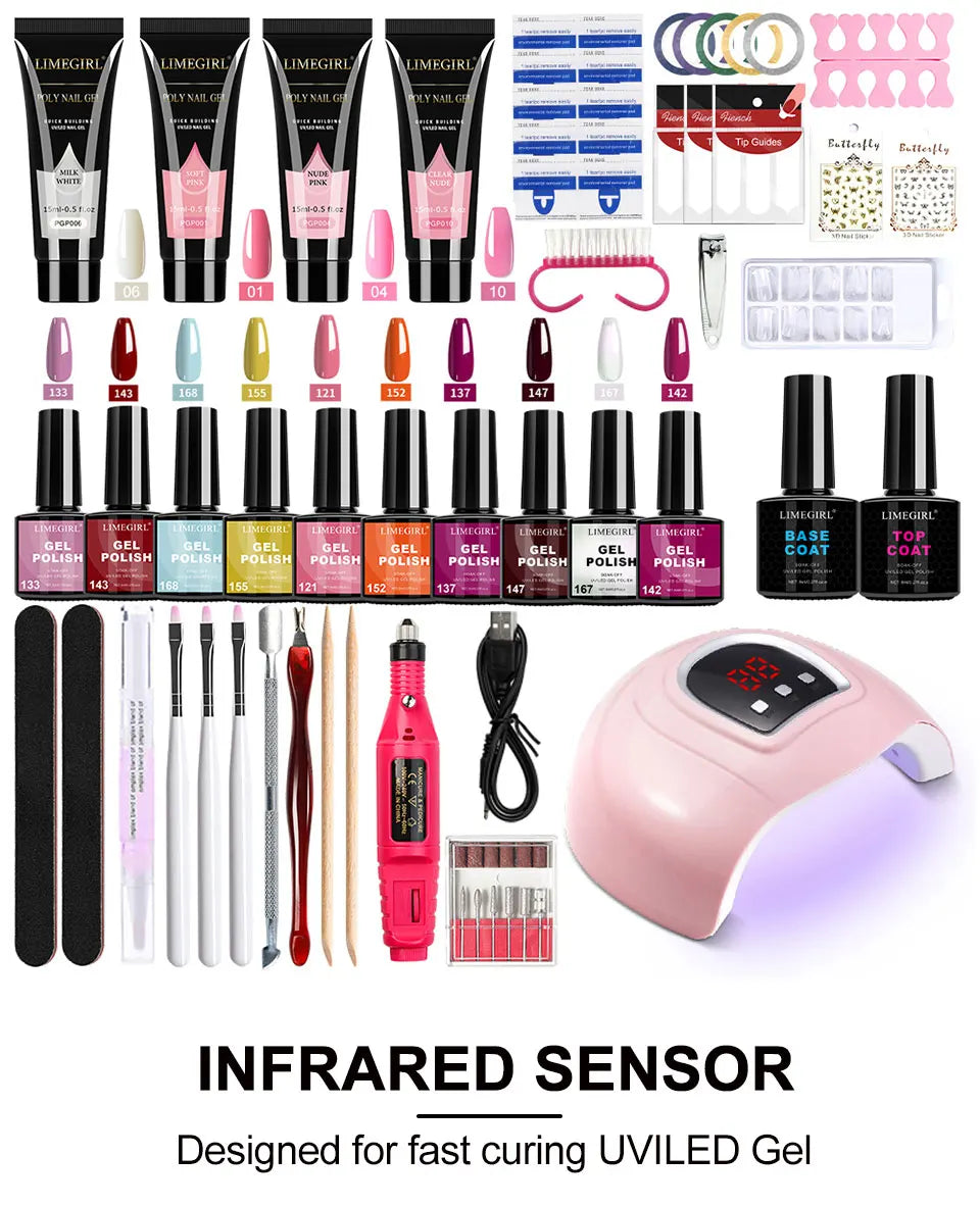 LIMEGIRL 8ml Gel Nail Polish Set UV Semi-Permanent Gel Varnish Soak Base Coat Polishing Tool with LED Lamp and Nail Drill  Kit