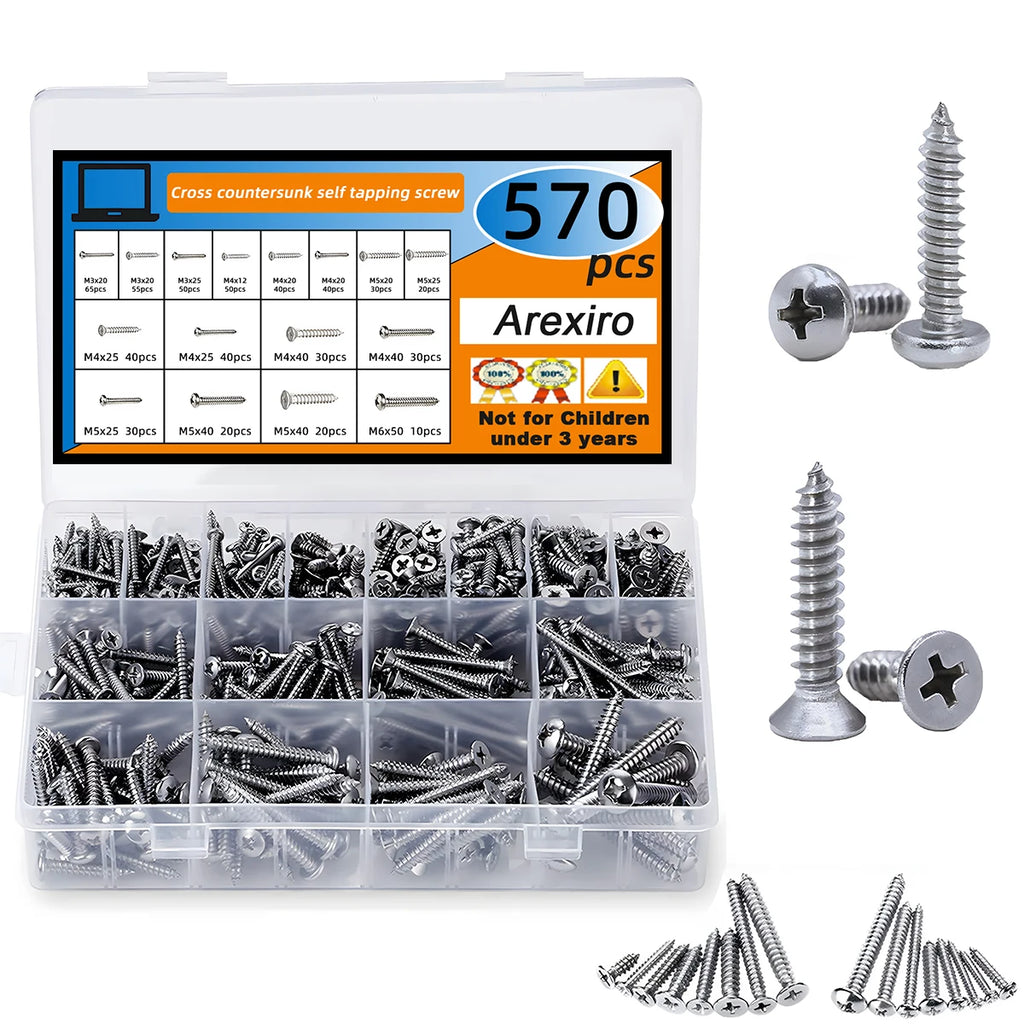 570Pcs Self Tapping Screws Set, 304 Stainless Steel Sheet Metal Screws Kit, Phillips Drive Wood Screw Assortment