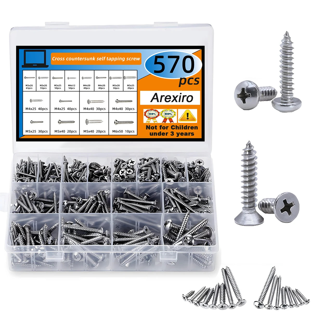 570Pcs Self Tapping Screws Set, 304 Stainless Steel Sheet Metal Screws Kit, Phillips Drive Wood Screw Assortment
