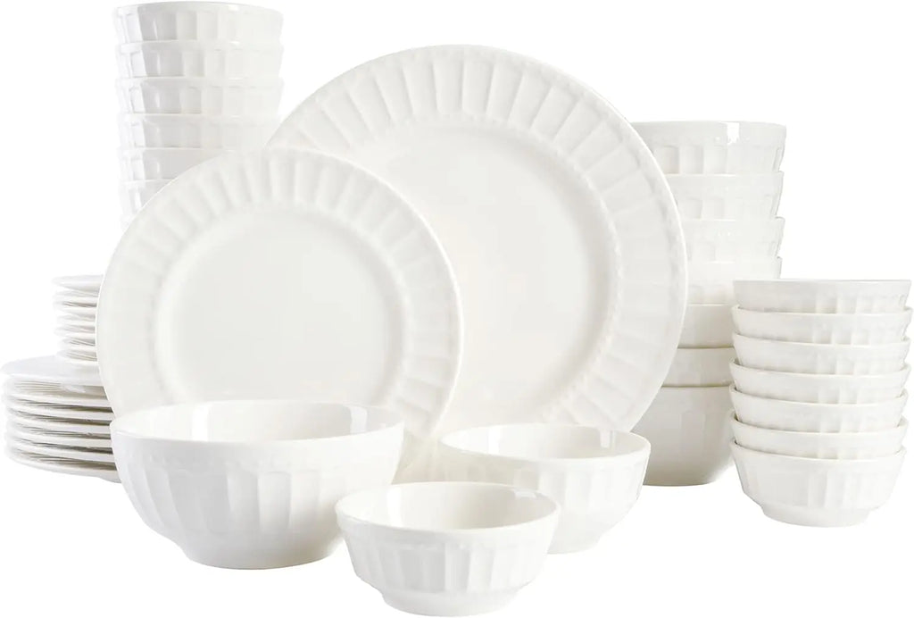 Zen Buffet Porcelain Ceramic Dinnerware Set for 8, 40-Piece White Embossed Plates and Bowls
