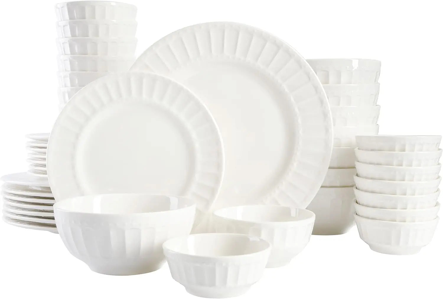 Zen Buffet Porcelain Ceramic Dinnerware Set for 8, 40-Piece White Embossed Plates and Bowls