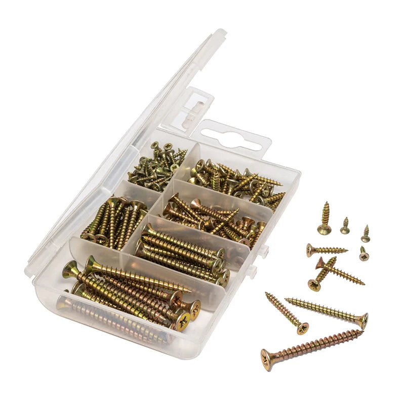 T.K.Excellent 140Pcs Flat Head Phillips Yellow Zinc Wood Screws Assortment Kit Woodworking 6 Sizes