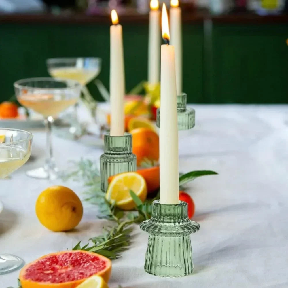 Glass Taper Candle Holder Short Small Boho Ribbed Votive Candlestick Holder for Table Centerpiece Wedding Decor and Dinner Party