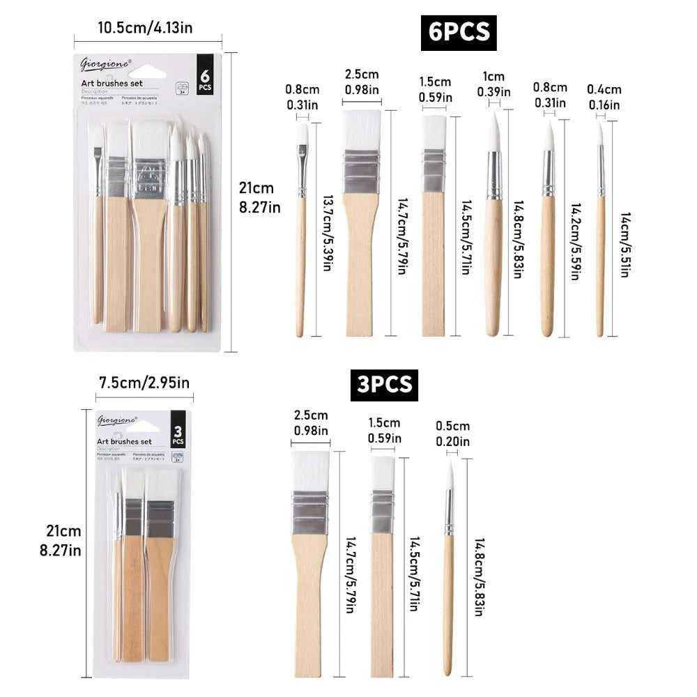 Art Paint 3/6pcs Painting Brush Set Different Shape Professional Watercolor Gouache Oil Brush Set Flat Tip Head Wooden Handle