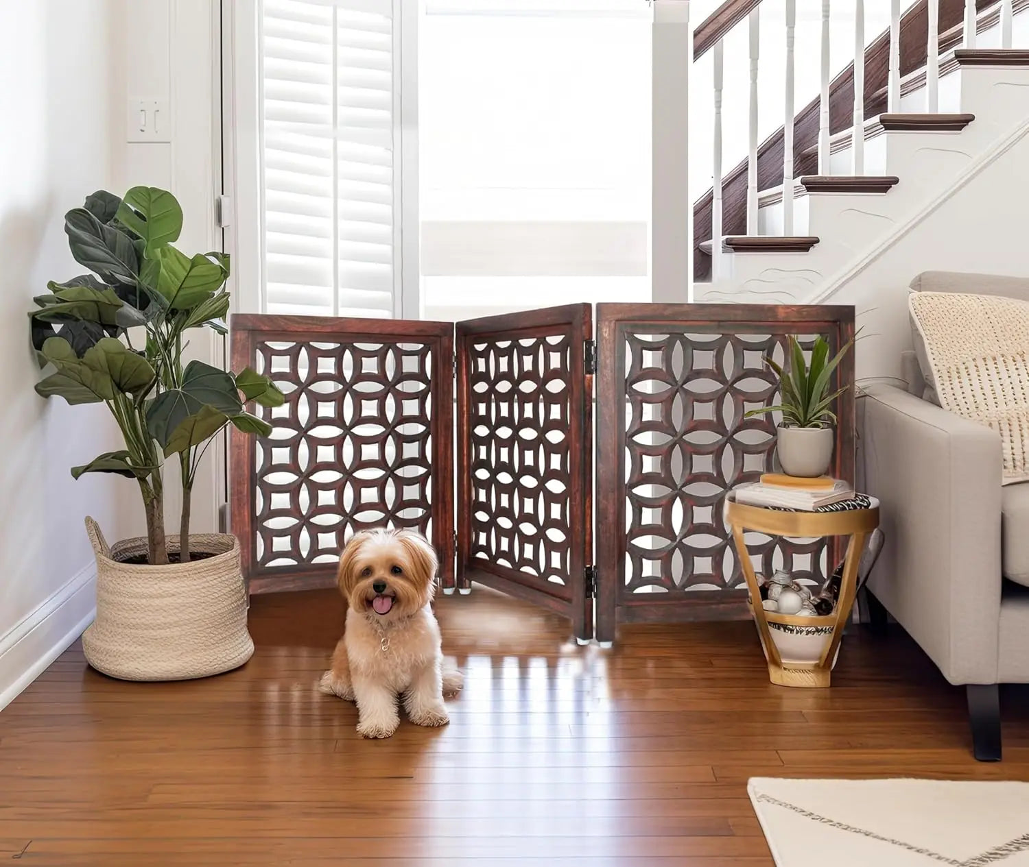 Foldable Wood Pet Gate - 3 Panels 20x24 Inches, Solid Wood & MDF, Antique Brown Finish, Fully Assembled