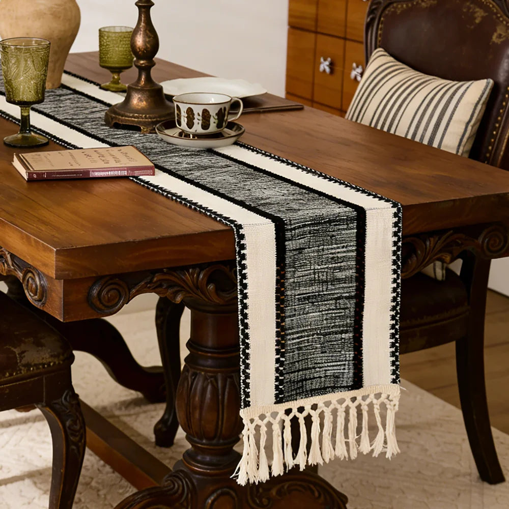 BLACK 72in Nordic Boho Table Runner Handwoven Fringe Spring Table Decor Coffee Table Cover Rustic Wedding Party Home Decor