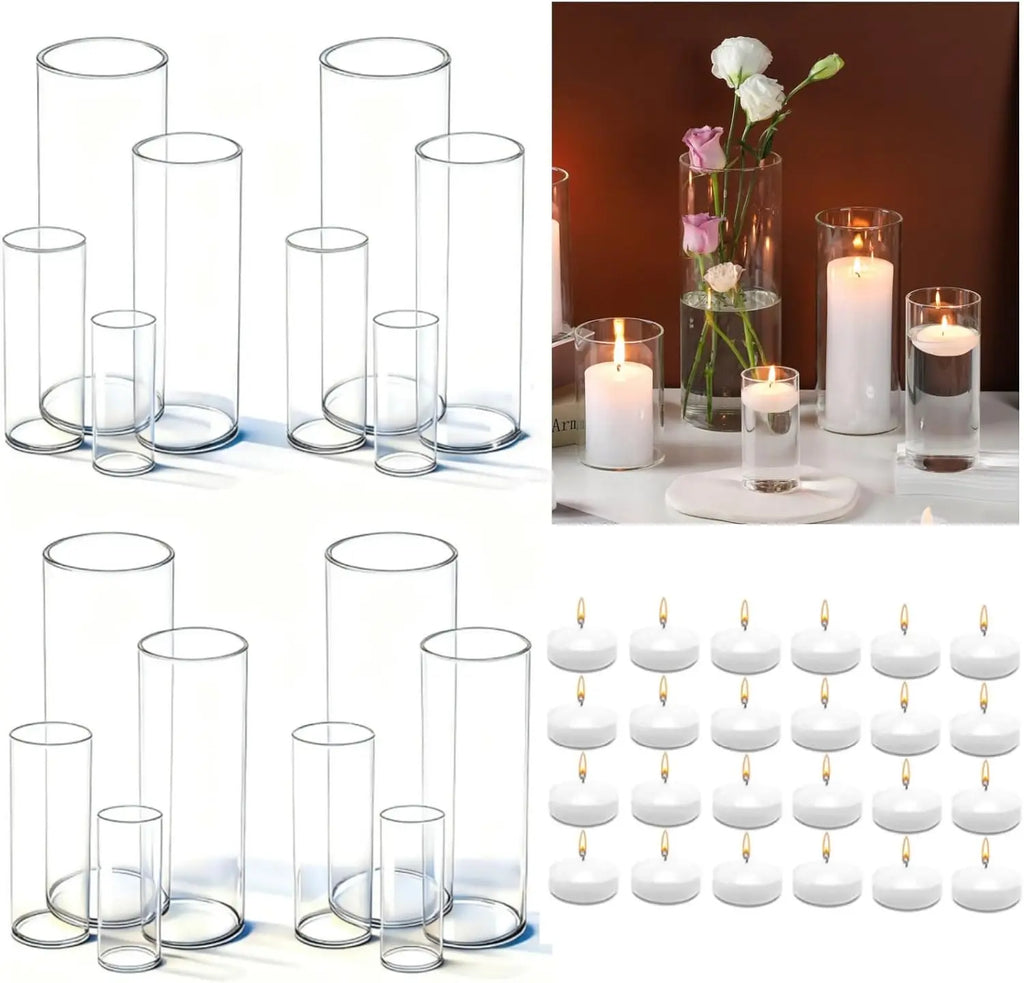 16-Piece Glass Cylinder Vase Set with 24 Floating Candles for Wedding Centerpieces and Home Decor