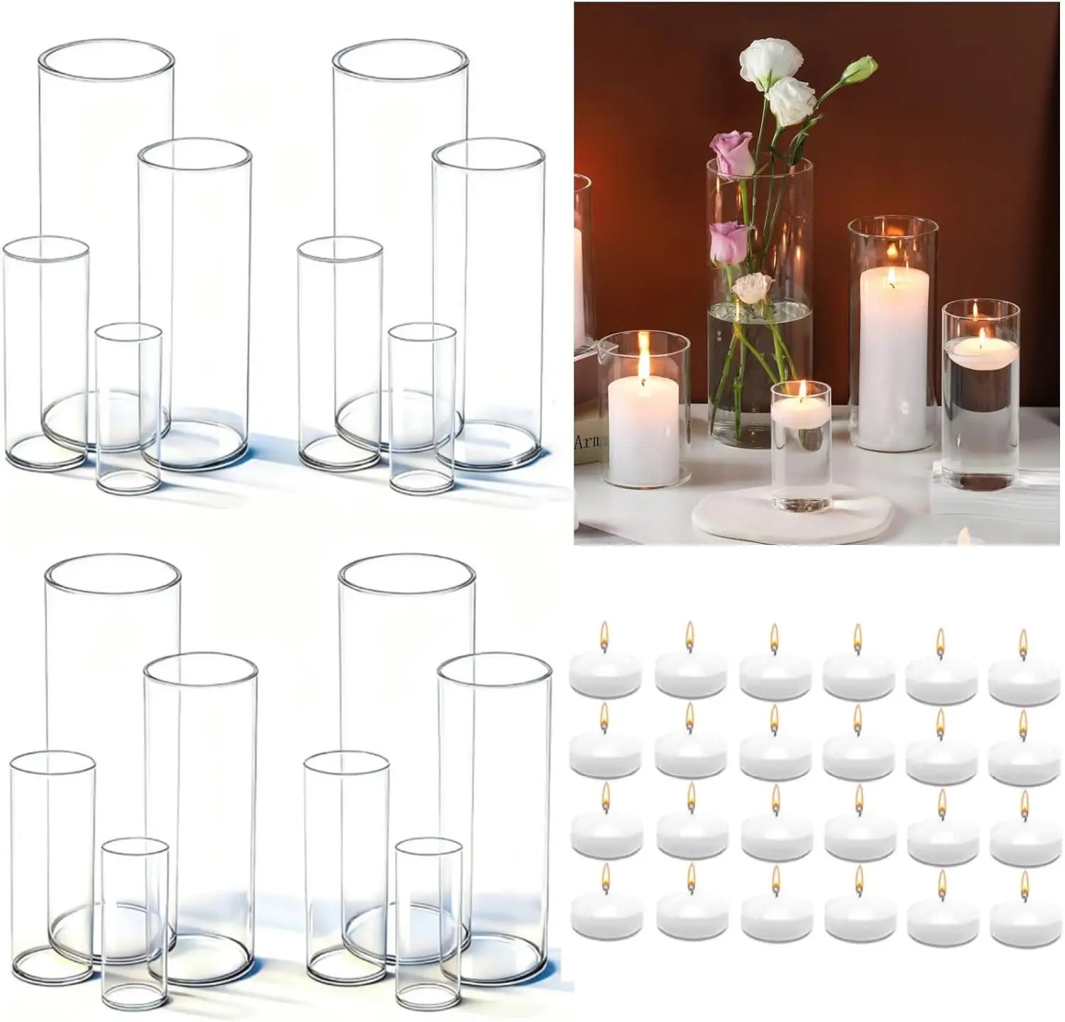 16-Piece Glass Cylinder Vase Set with 24 Floating Candles for Wedding Centerpieces and Home Decor