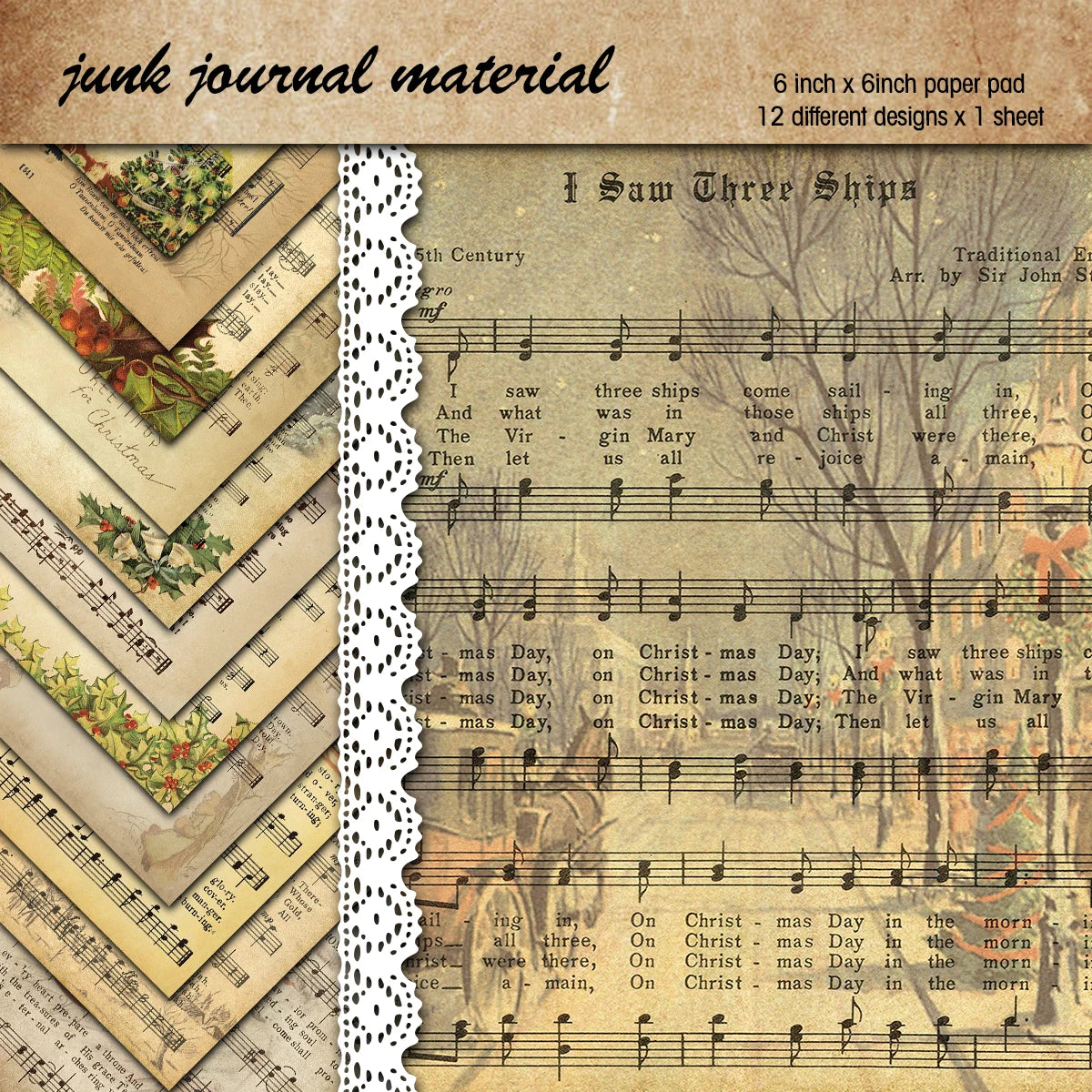 12pcs Vintage Christmas Sheet Music Decorative Papercardstock For Scrapbooking,Card Making&Holiday Crafts,Christmas Party Decor