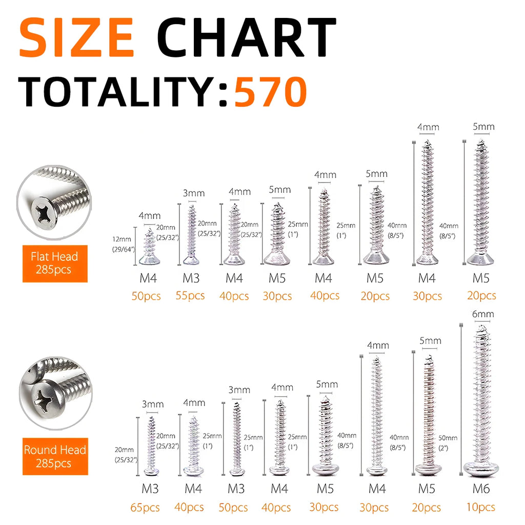 570Pcs Self Tapping Screws Set, 304 Stainless Steel Sheet Metal Screws Kit, Phillips Drive Wood Screw Assortment