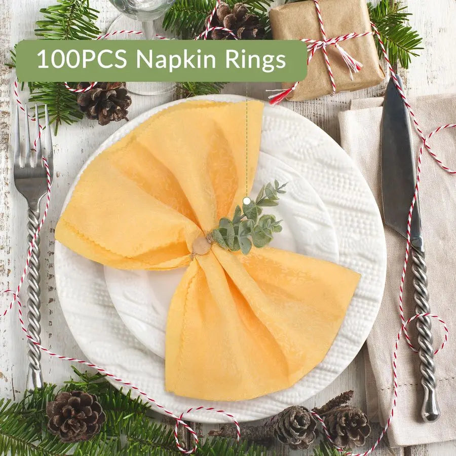 Deco Napkin Rings Set of 100, Rustic Farmhouse Boho Green Leaf Wooden Napkin Rings for Spring Summer, Thanksgiving Christmas, We