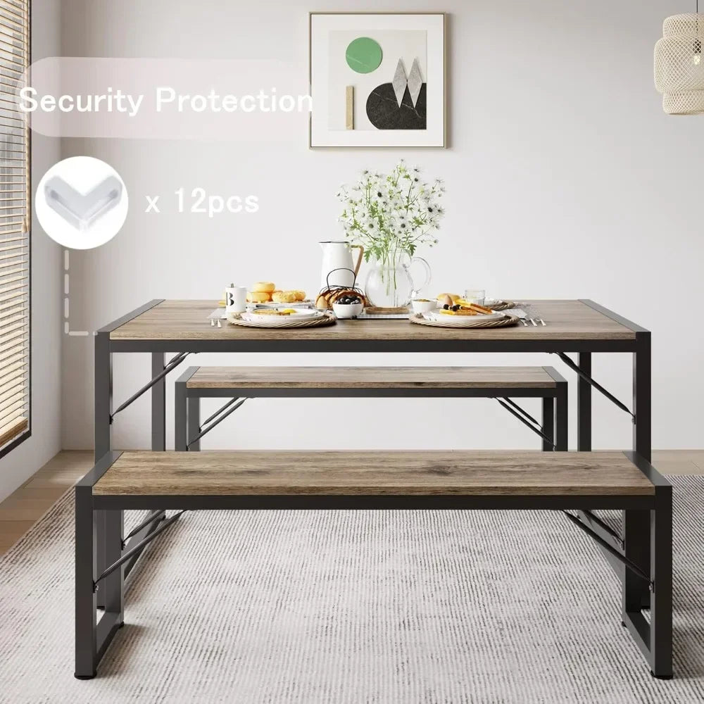 Hot sales45.5" Dining Table Set for 4 with 2 Benches, Kitchen Table Set with Metal Frame & MDF Board, Space-Saving Dinette for K