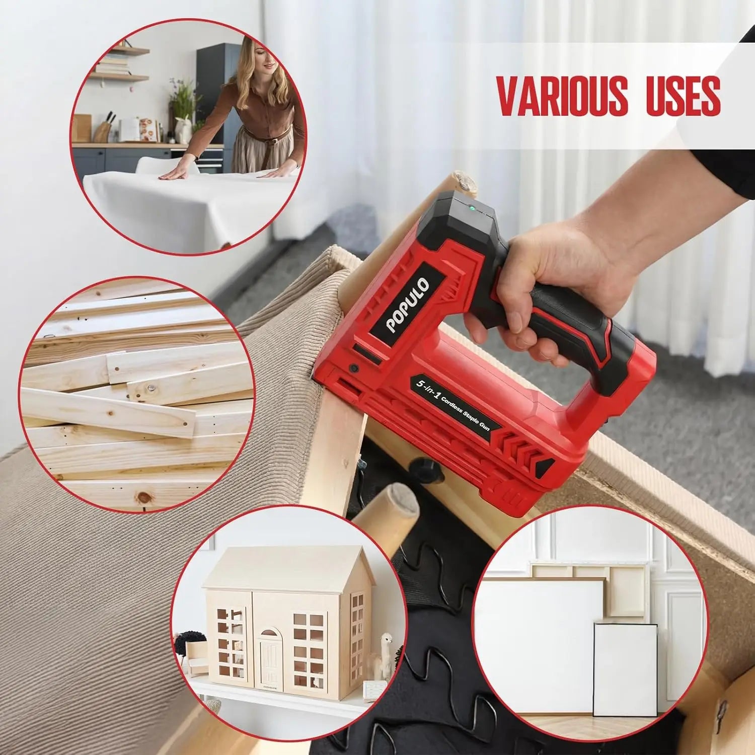 5-in-1 Cordless Electric Staple Gun Kit with 4V Battery, 2000 Staples & Nails for Home DIY Wood Upholstery