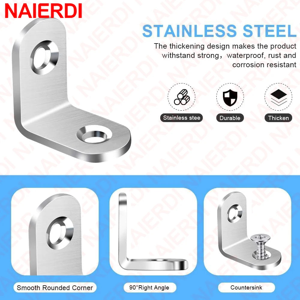 NAIERDI 10 Pack Corner Brace Stainless Steel 90 Degree Angle Corner Brackets L Bracket Firmware for Wooden Shelves,Chairs,Tables
