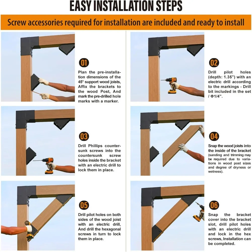 Four-Piece 45-Degree Angle Brackets for 4x6 Pergolas, Gazebos, Deck Porches, and Cabin Elevated Wood Support
