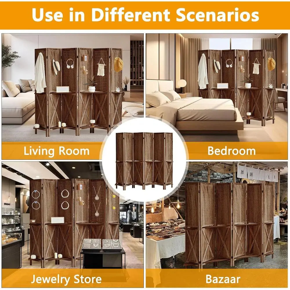 Wooden 6-Panel Pegboard Room Divider with Shelf and 24 Hooks, Ideal for Bedroom or Jewelry Store, Brown
