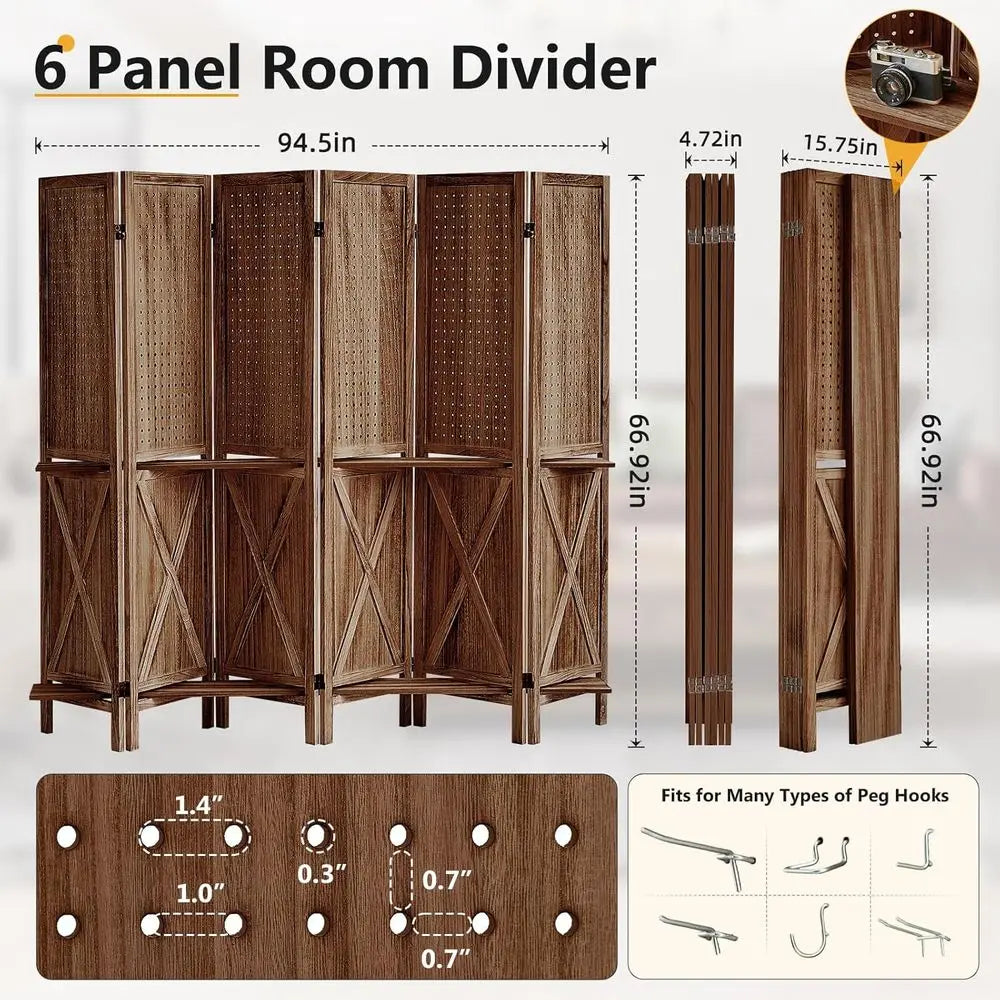 Wooden 6-Panel Pegboard Room Divider with Shelf and 24 Hooks, Ideal for Bedroom or Jewelry Store, Brown