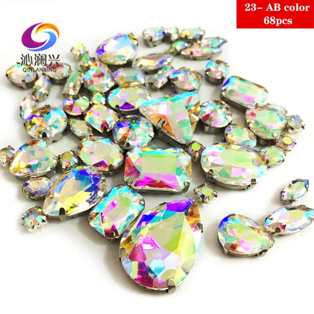 68Pcs Mix Crystal Sliver Claw Setting Rhinestones Sewing Clothe For Needlework Stone DIY Sew On Wedding Dress Shoes Bags