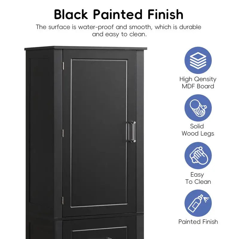 Freestanding Tall Bathroom Storage Cabinet with 2 Drawers and Adjustable Shelf, MDF Board with Painted Finish, Black