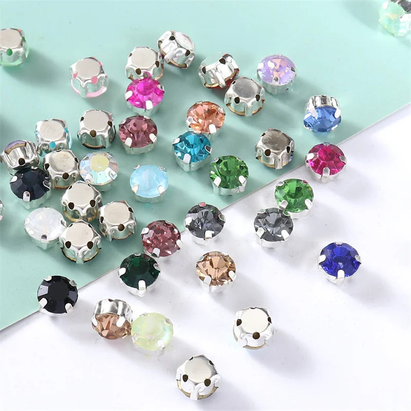 4mm-8mm Glitter Glass Sewing Rhinestones with Sliver Base Round Crystal Strass stones for diamond  Jewellery clothes diy