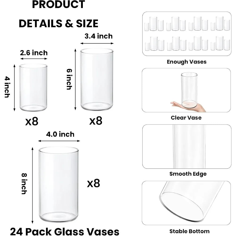 Clear Glass Cylinder Vases Set of 24, 4-8 Inch Tall for Centerpieces, Floating Candle Holders, Hurricane Glass Vases