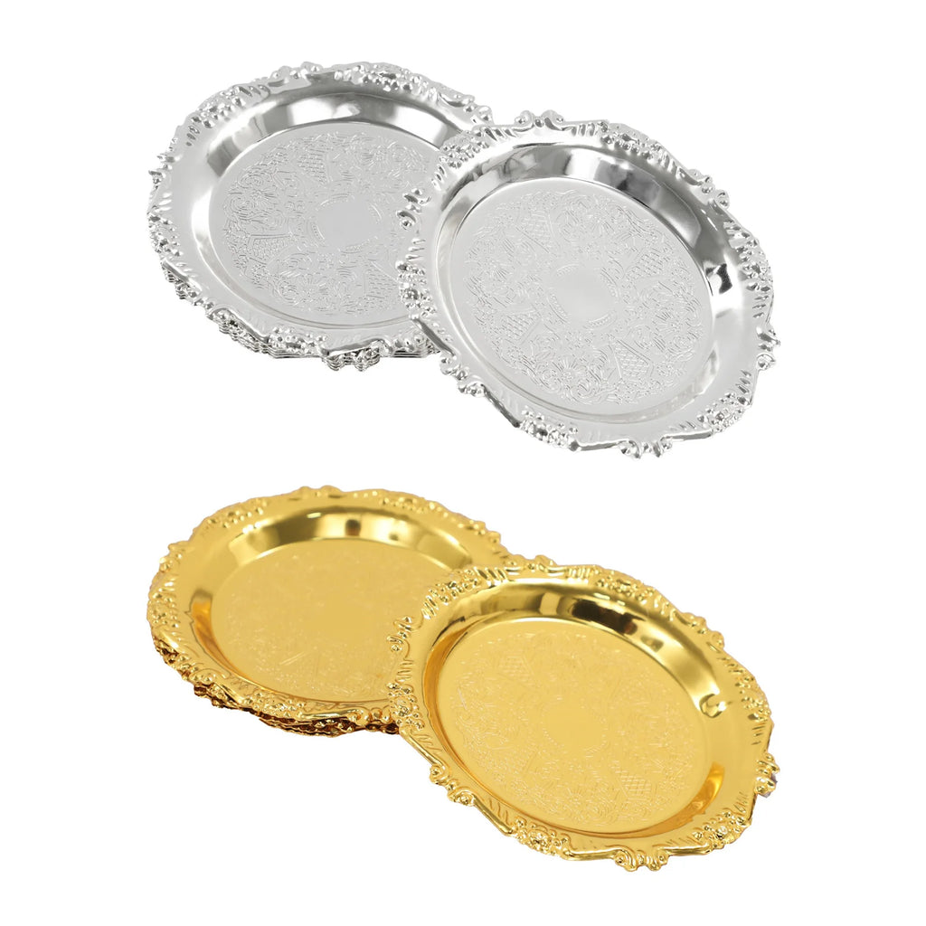 6PCS Gold/Silver Serving Tray Round Metal Snack Plate Restaurant Tray Plate Jewelry Display Tray for Birthday Wedding Banquet
