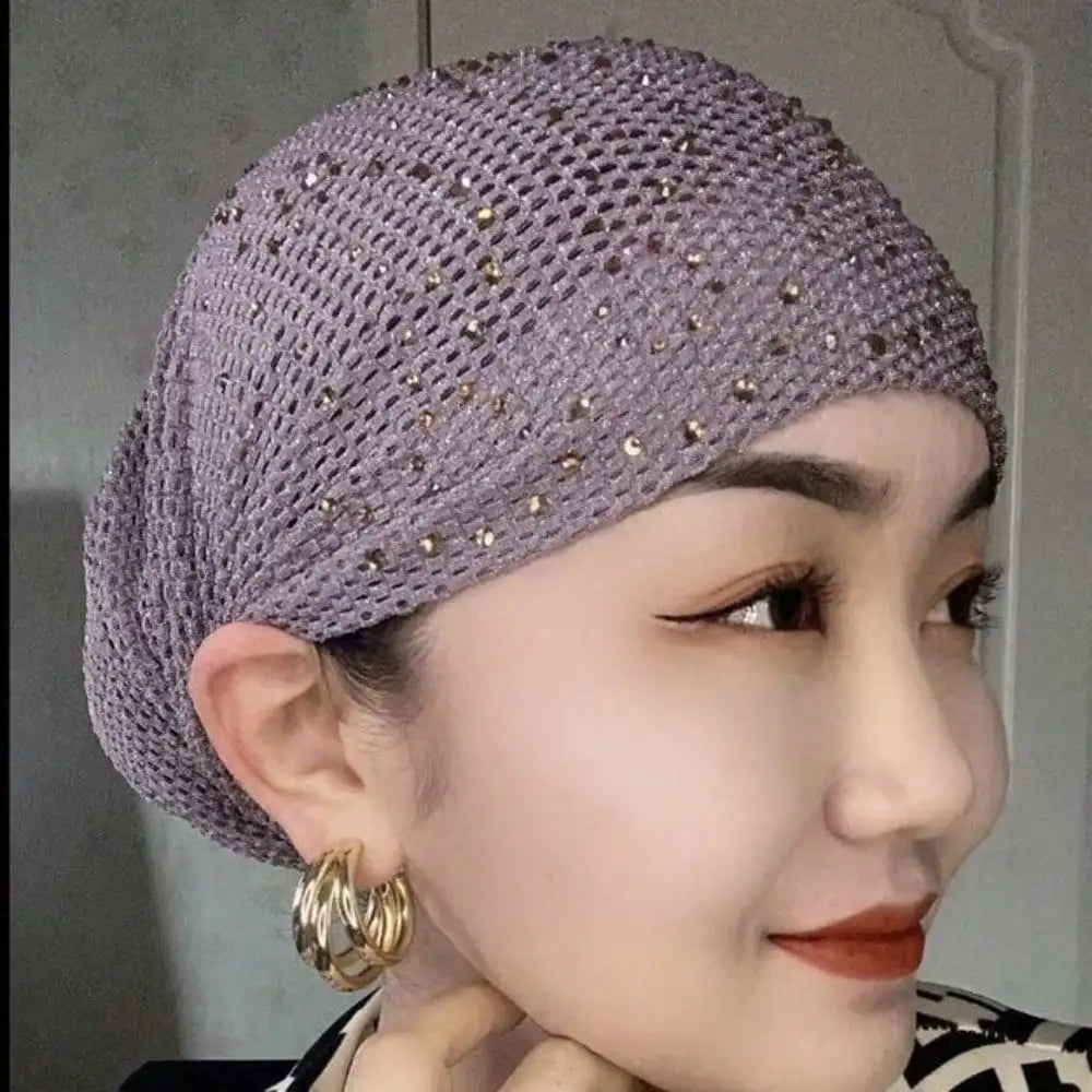 1Pc White Hair Bonnet - Elastic Breathable Full Cover with Rhinestone, Gift & Daily Use