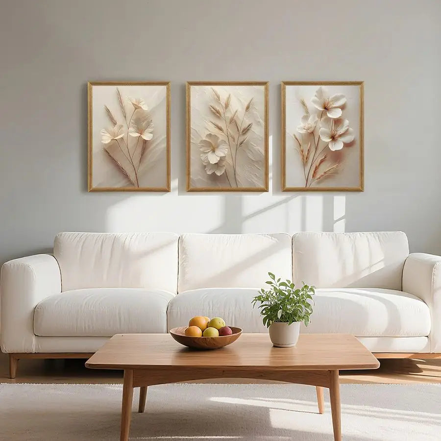 3Pcs Framed Neutral Beige Floral Canvas Wall art, Modern Simple Texture Plant Painting Wall Decor, Vintage Flower Poster Prints