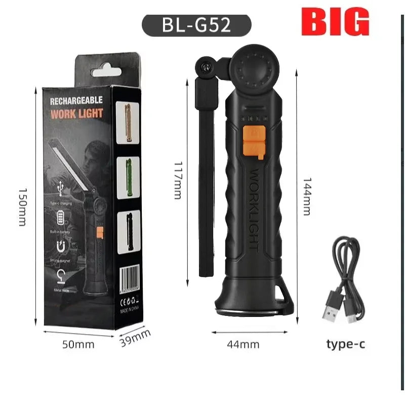 COB LED Folding Flashlight Portable Magnetic Work Light Lantern USB Rechargeable Emergency Repair Camping Torch Lamp with Hook