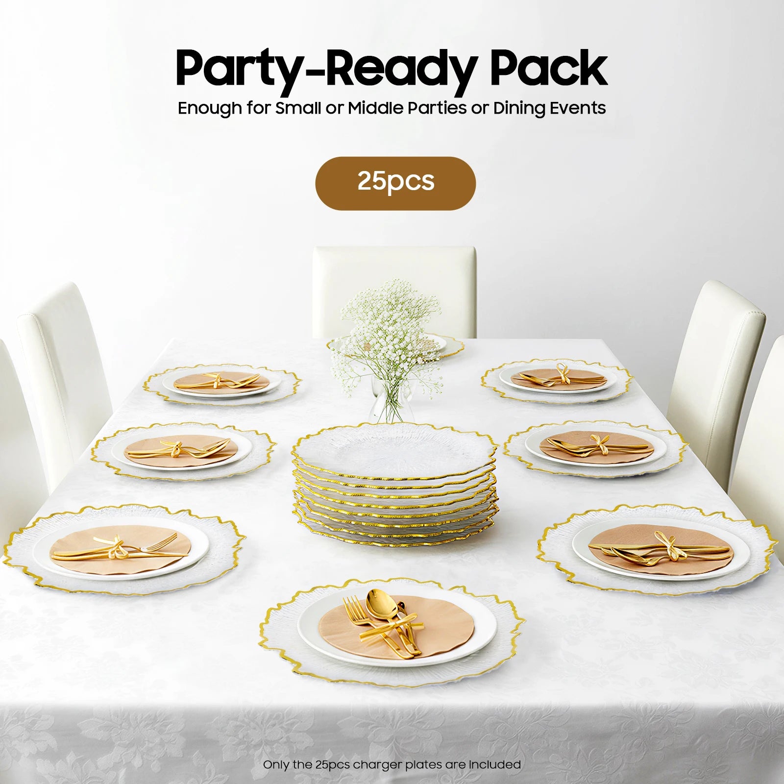 Charger Plate Set of 25 Gold Floral Rim Clear Plastic Serving Charger Plates for Wedding Party Banquet Catering Decoration