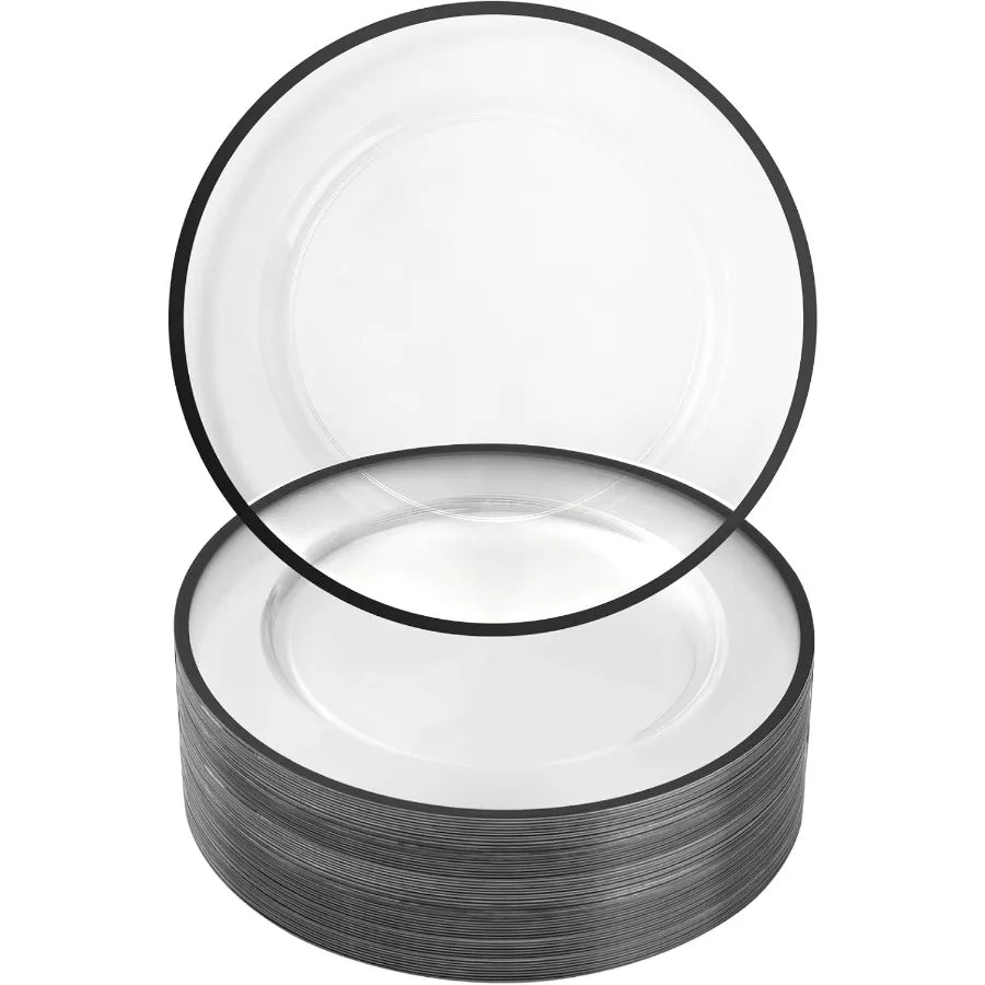 12 Inch Black Charger Plates 50 Pack Clear Charger Plates with Black Trim Disposable Plastic Dinnerware Wedding Party