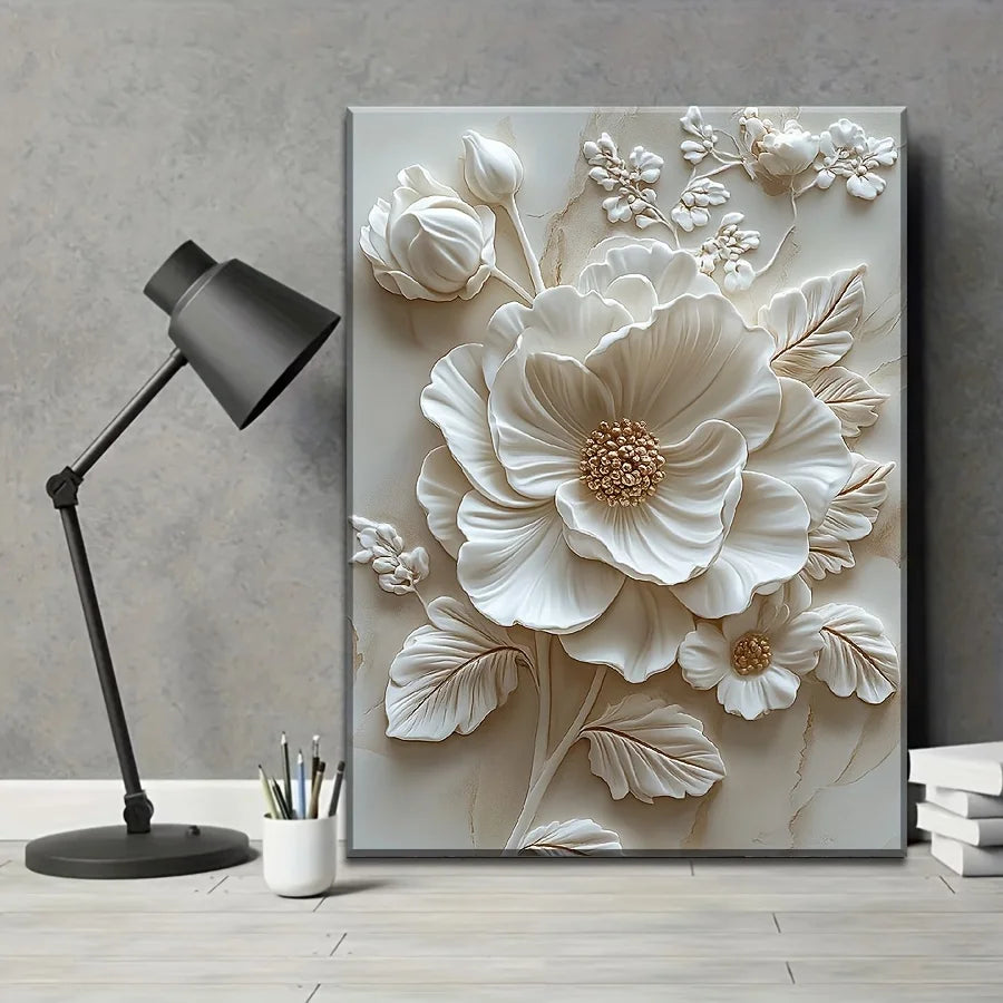 White Flower Pattern Wood Frame Canvas Murals Can Be Hung Directly Wall Mounted Decoration Suitable for HomeLiving Room