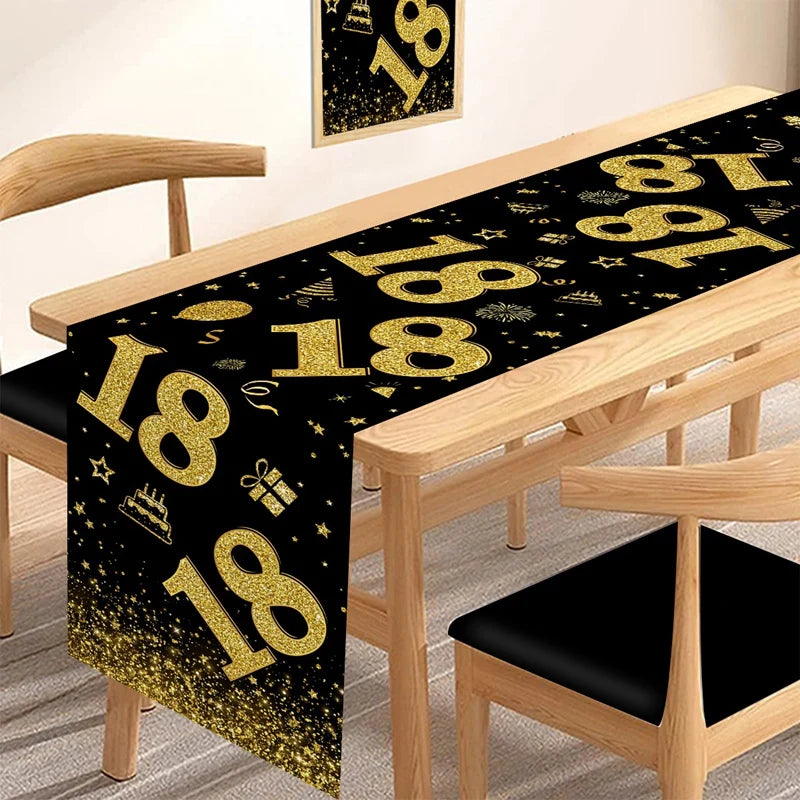 18 30 40 50 Year Old Black Gold Table Runner Happy Birthday Party Decoration Adult 30th 40th 50th 60t Birthday Tablecloth Banner