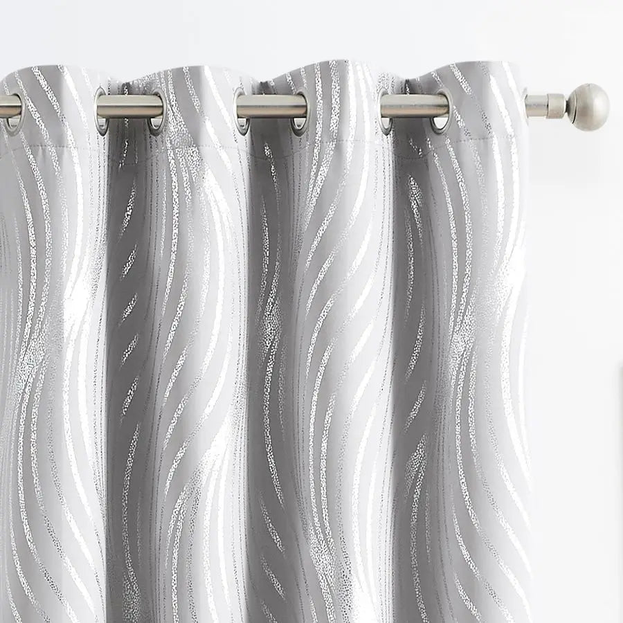 Blackout Curtains Grey and Silver Foil Pattern Curtains 84 Inch Length for Living Room Metallic Silver Wave Print Drapes for Bed