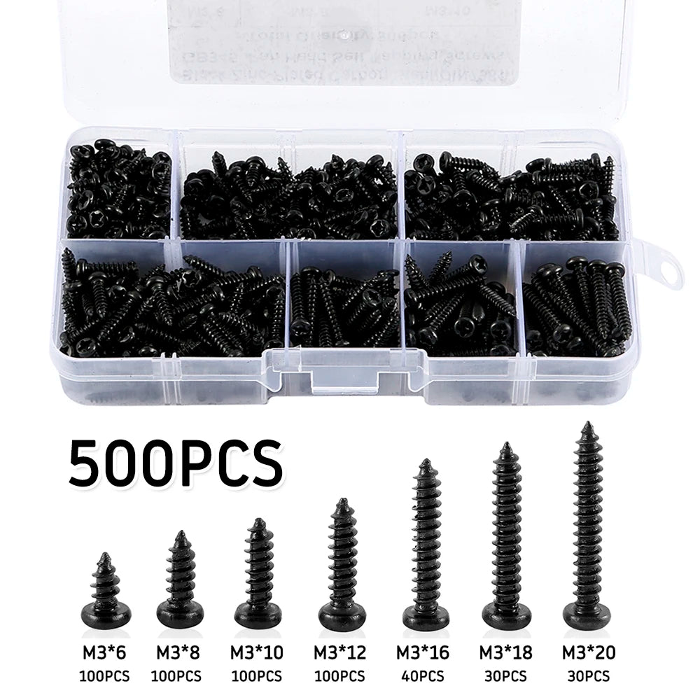 500Pcs M3 Screw Set 6/8/10/12/16/18/20mm Carbon Steel Cross Pan Head Self Tapping Screws Drilling Wood Screw Assortment Kit
