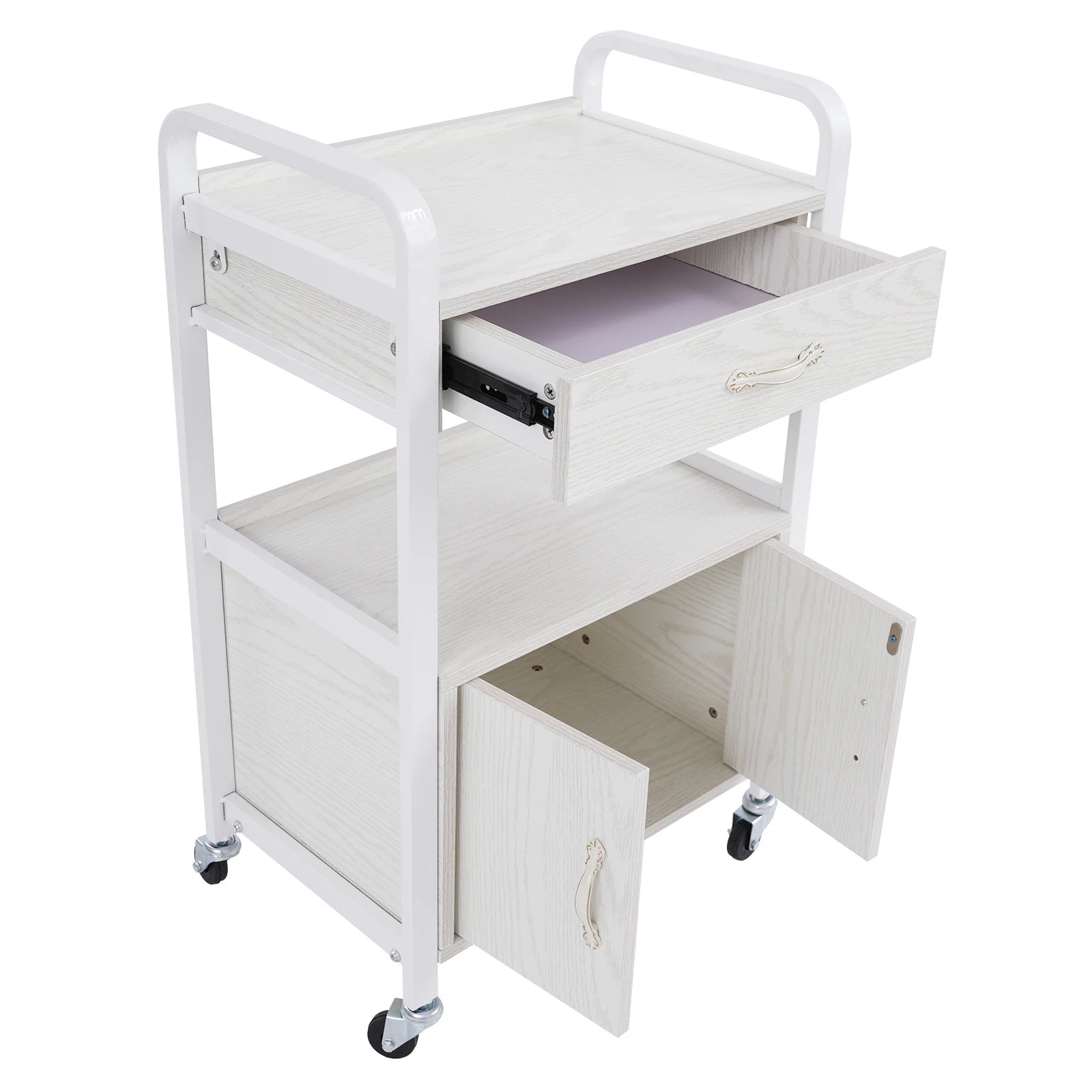 Salon High-density Wood Panels Storage Cart,White Rectangle Free Standing Movable Beauty Organizer 51*33*83cm for Beauty Salons