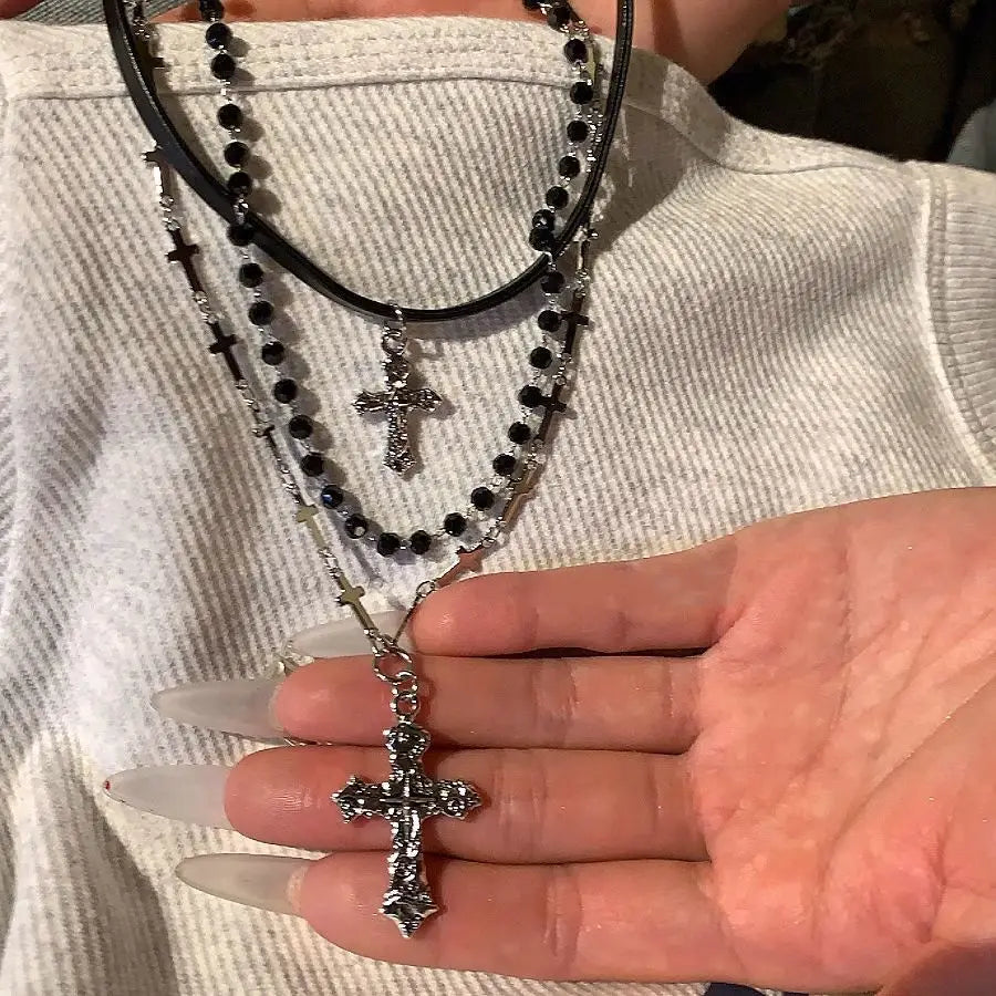 LLL Gothic Punk Y2K Metal Cross Pendant Necklace For Women Men Lovers Vintage Multi Layer Bead Necklaces 90s EMO Charm Jewelry G