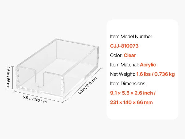 Acrylic Napkin Holder, 9.1 x 5.5 x 2.6 inch, Clear Bathroom Guest Towel Storage Tray with U-Shaped Opening, Disposable Paper