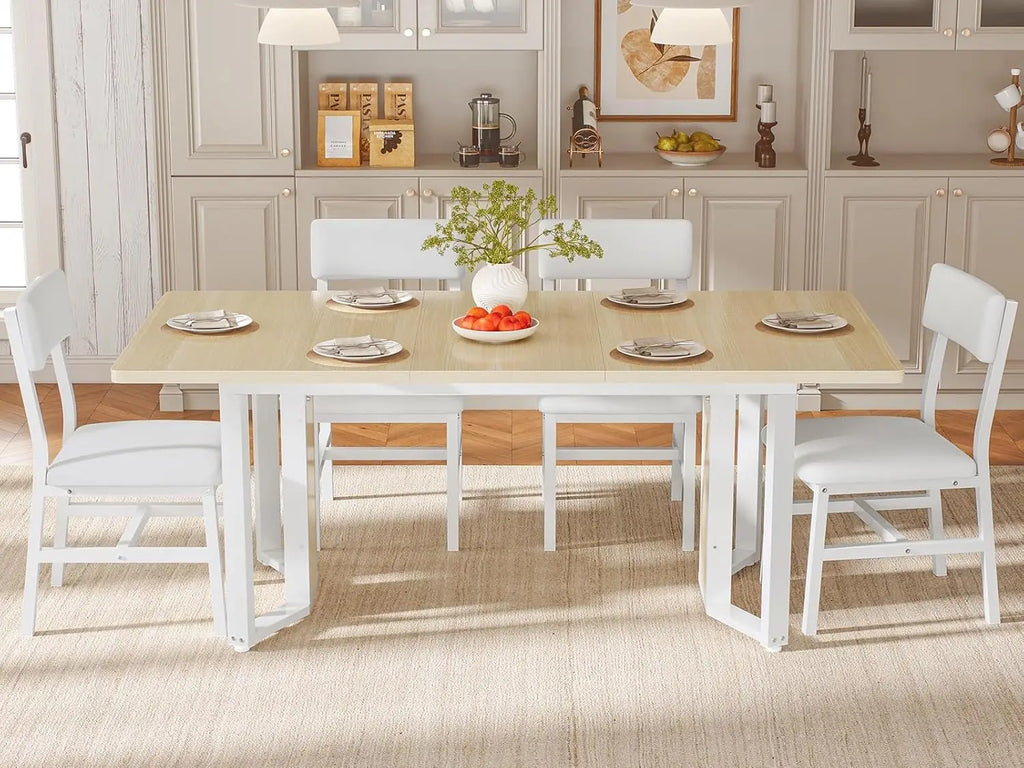 NEW 5-Piece Dining Table Set , 63" Extendable Kitchen Table , Dining Room Table with MDF Board & Metal Frame-Natural
