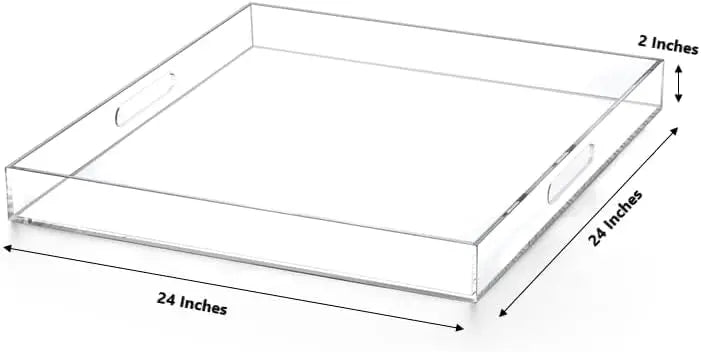 Large Clear Acrylic Ottoman Tray with Handles, 24x24 Inch Serving Organizer for Living Room Bedroom Kitchen