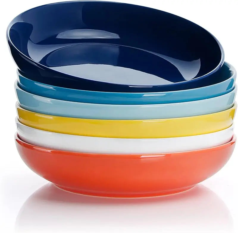 Set of 6 Porcelain Pasta Bowls 22oz - White 7.6-Inch Salad & Serving Plates, Microwave & Dishwasher Safe Dinnerware
