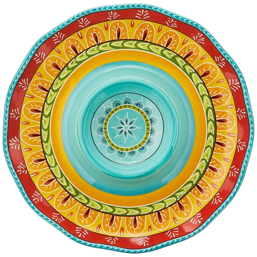 13.25 Ceramic Chip amp Dip Platter Colorful Mediterranean Serving Dish with BuiltIn Center Bowl, Glazed Ceramic Appetizer Tray f