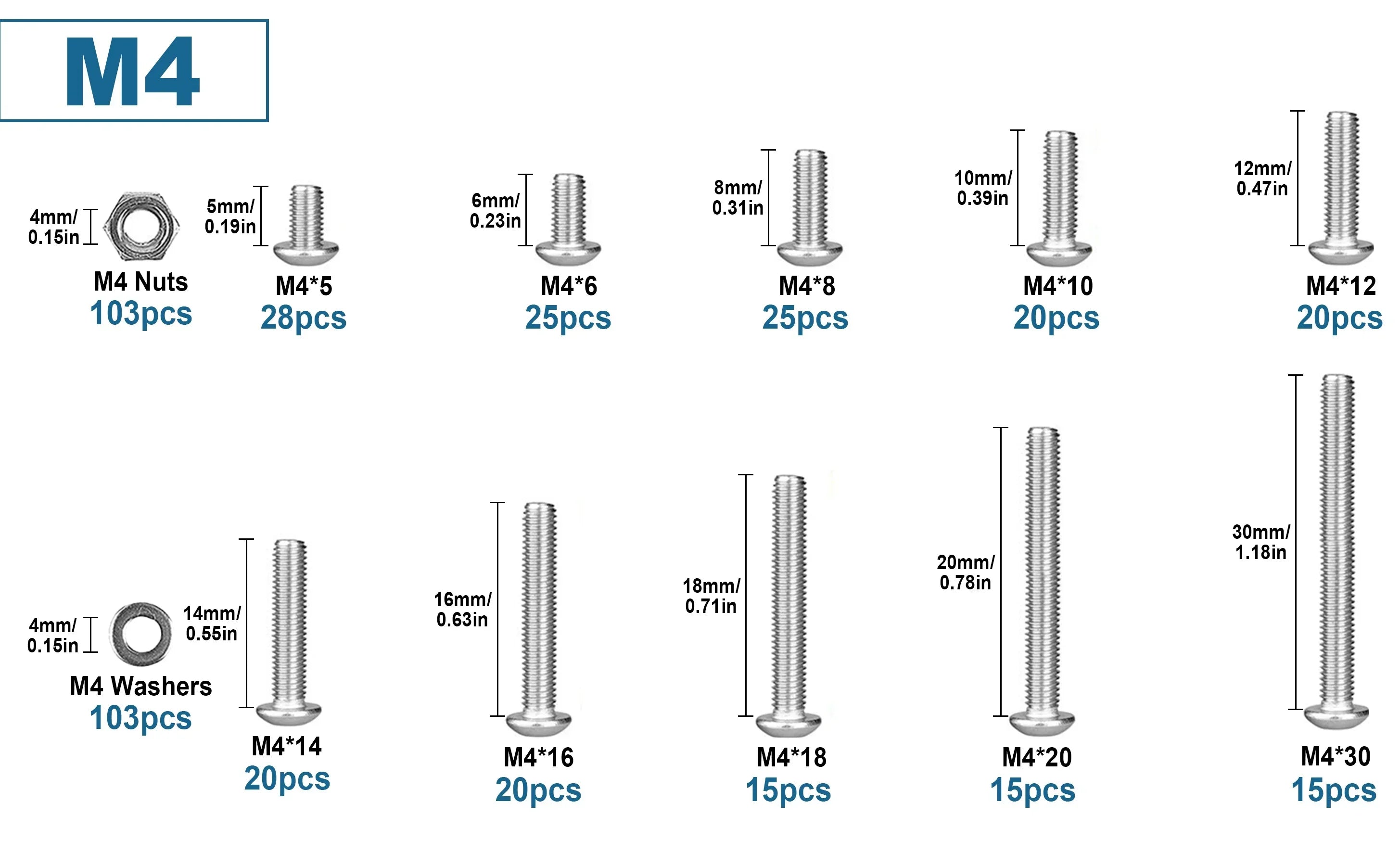 KKM M4 Stainless Steel Bolt Kit - 409pcs Hex Button Head Screws, Nuts & Washers Assortment Set" (92 bytes)