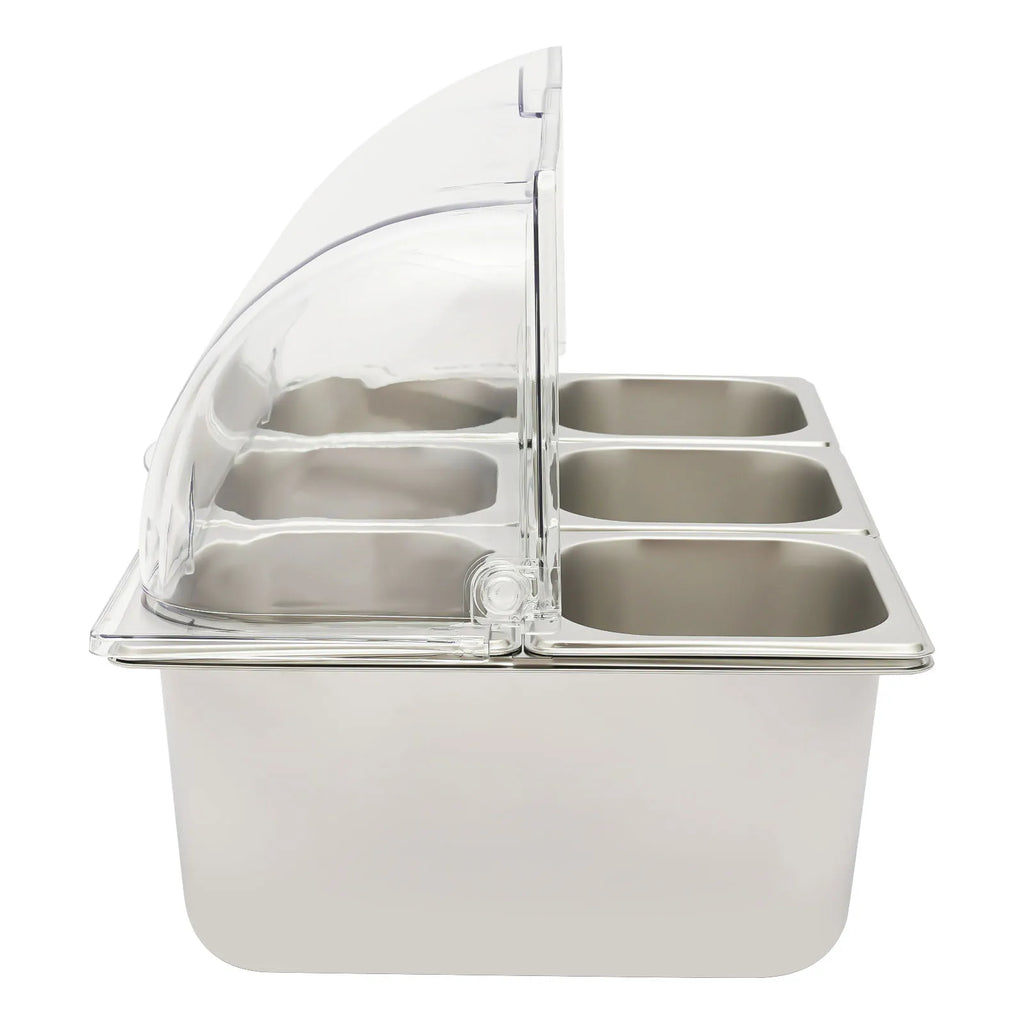 6-Pan Ice Food Serving Display Tray with Clear Roll Top Cover Cold Food Buffet Tray 15 CM Height Countertop Salad Fruit Box