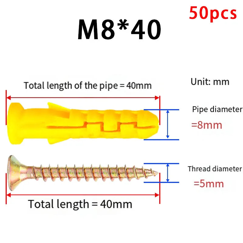 50-Set Drywall Anchor & Screw Assortment Kit Self-Tapping Screws Kit M6 & M8 Stainless Steel Expansion Screws Cross Tips Screws