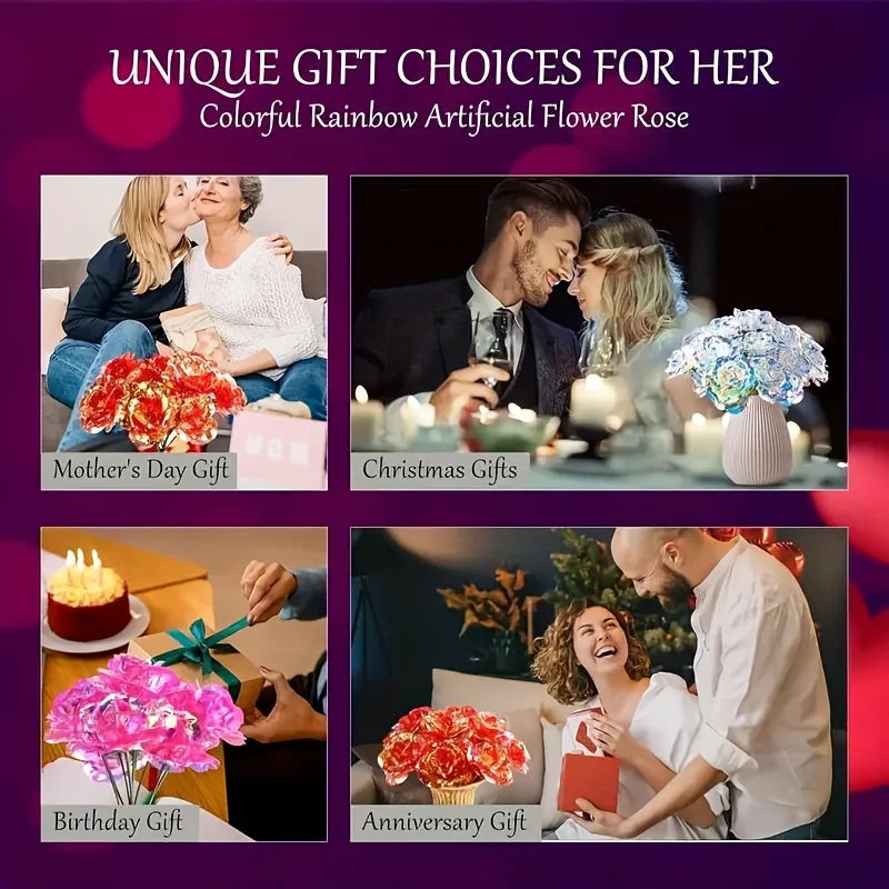 Rainbow Gold-Plated Artificial Roses – 10-Pack Decorative Flowers Gift for Birthday & Mother’s Day