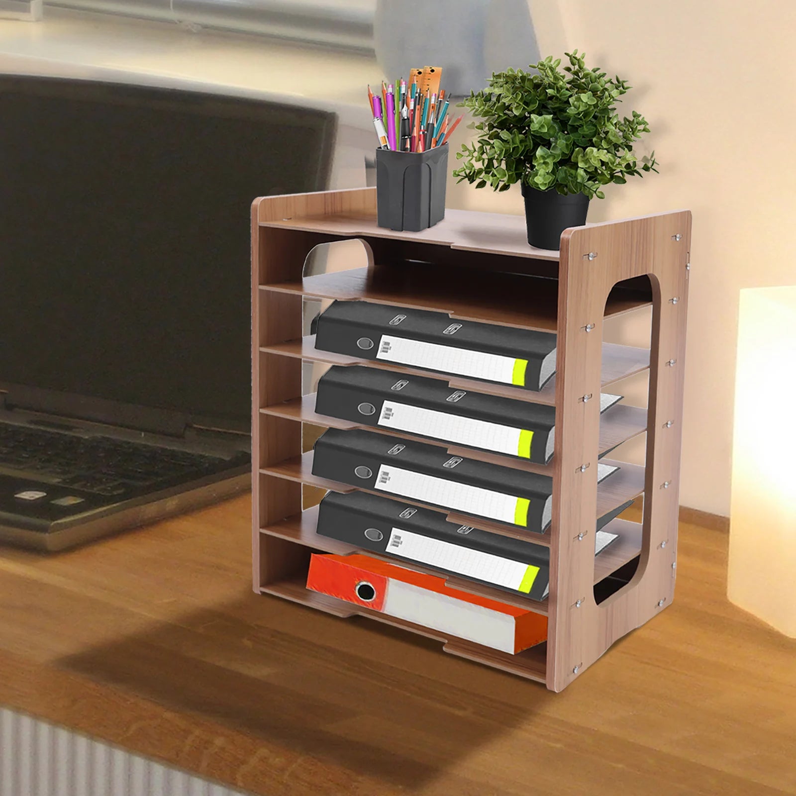 7Tier High-density Board Widen Wood Office Paper Organizer For Desk Desktop File Holder Desk Letter Tray & A4 Paper Sorter